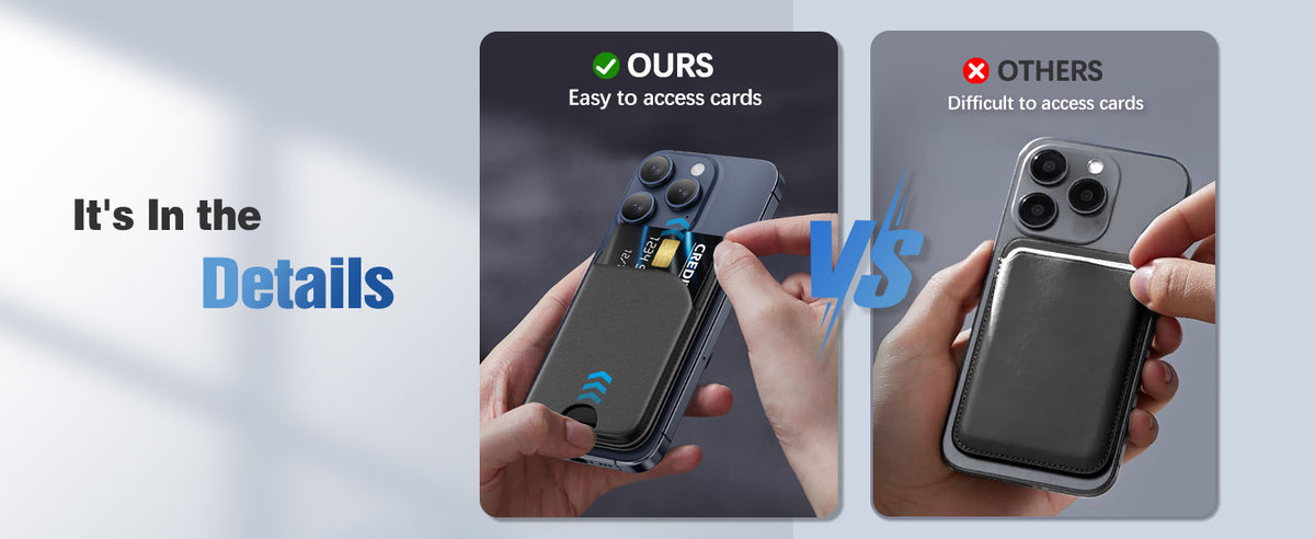 Vergleich eines magnetischen Handy-Stands für iPhone, der einfache Zugänglichkeit versus Schwierigkeit beim Zugriff auf Karte