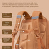 A tan kids school backpack featuring a 6A Ridge protection system designed for shock absorption and upright posture.