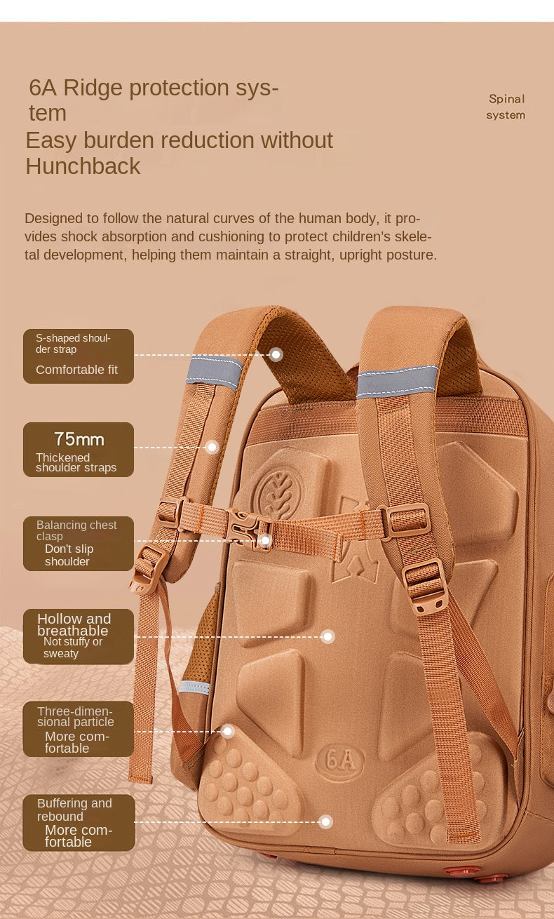 A tan kids school backpack featuring a 6A Ridge protection system designed for shock absorption and upright posture.