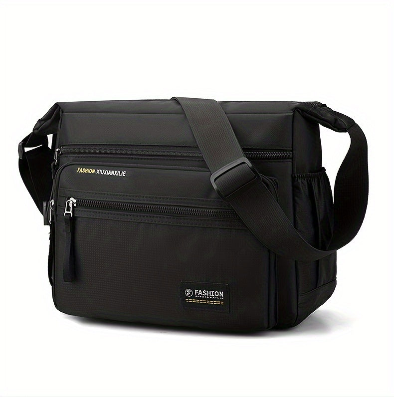 Black men's water-resistant nylon crossbody sling bag with a padded strap.