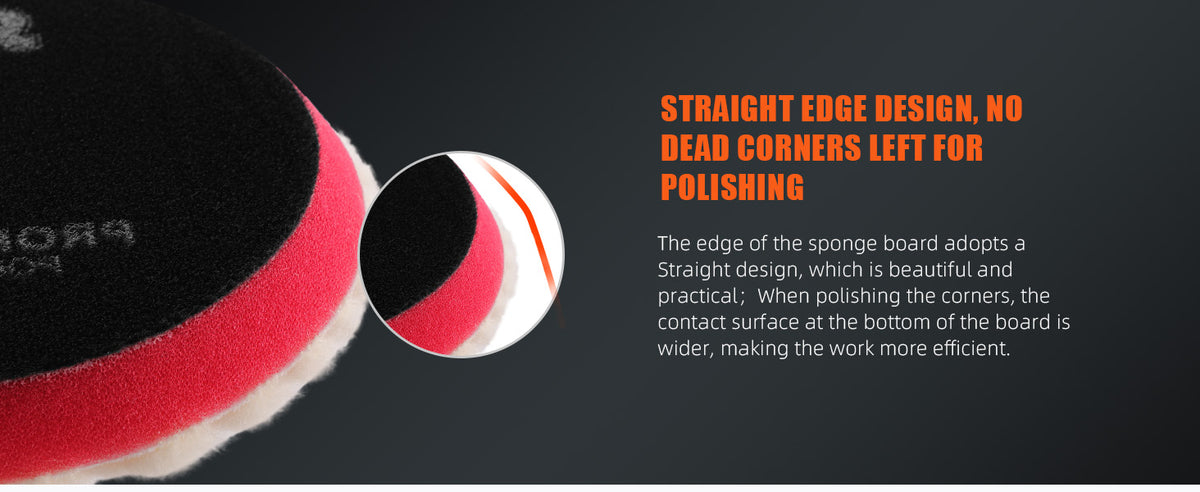 Close-up view of a black and red polishing pad with a straight edge design for efficient corner polishing.