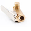Brass tire inflator quick-connect adapter with clip-on lock shown in a close-up view.
