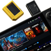 A yellow M.2 NVMe SSD enclosure with a heat sink is shown next to a smartphone displaying a game interface.
