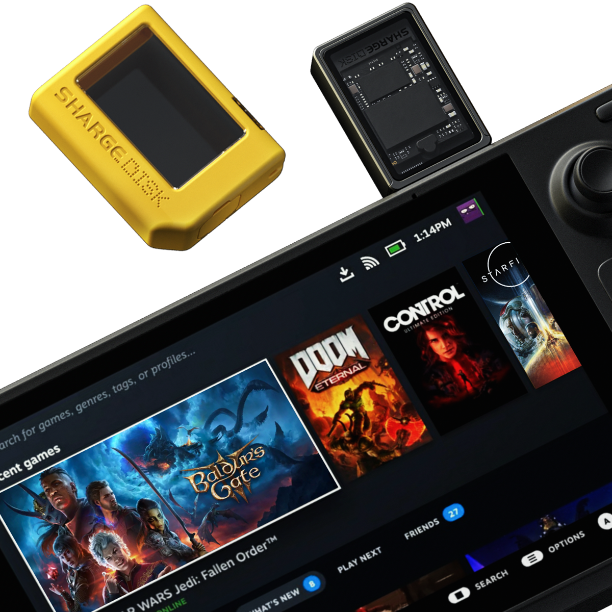 A yellow M.2 NVMe SSD enclosure with a heat sink is shown next to a smartphone displaying a game interface.