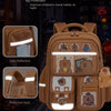 A tan backpack featuring reflective safety items and a night driving safety guide.
