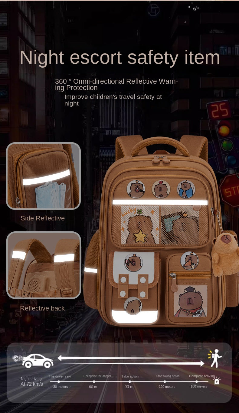 A tan backpack featuring reflective safety items and a night driving safety guide.