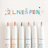 A set of six dual-color fluorescent marker pens with the text 2LNESPEN written above them on a white background.