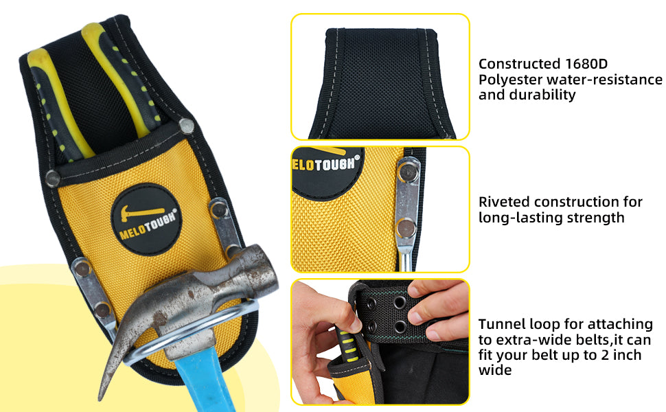 Yellow and black heavy-duty plier holster with a tunnel loop for attaching to extra-wide belts