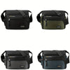 Three versions of a men's water-resistant nylon crossbody sling bag in black, olive green, and navy.