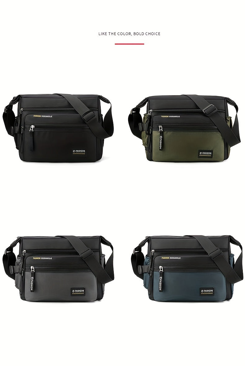 Three versions of a men's water-resistant nylon crossbody sling bag in black, olive green, and navy.
