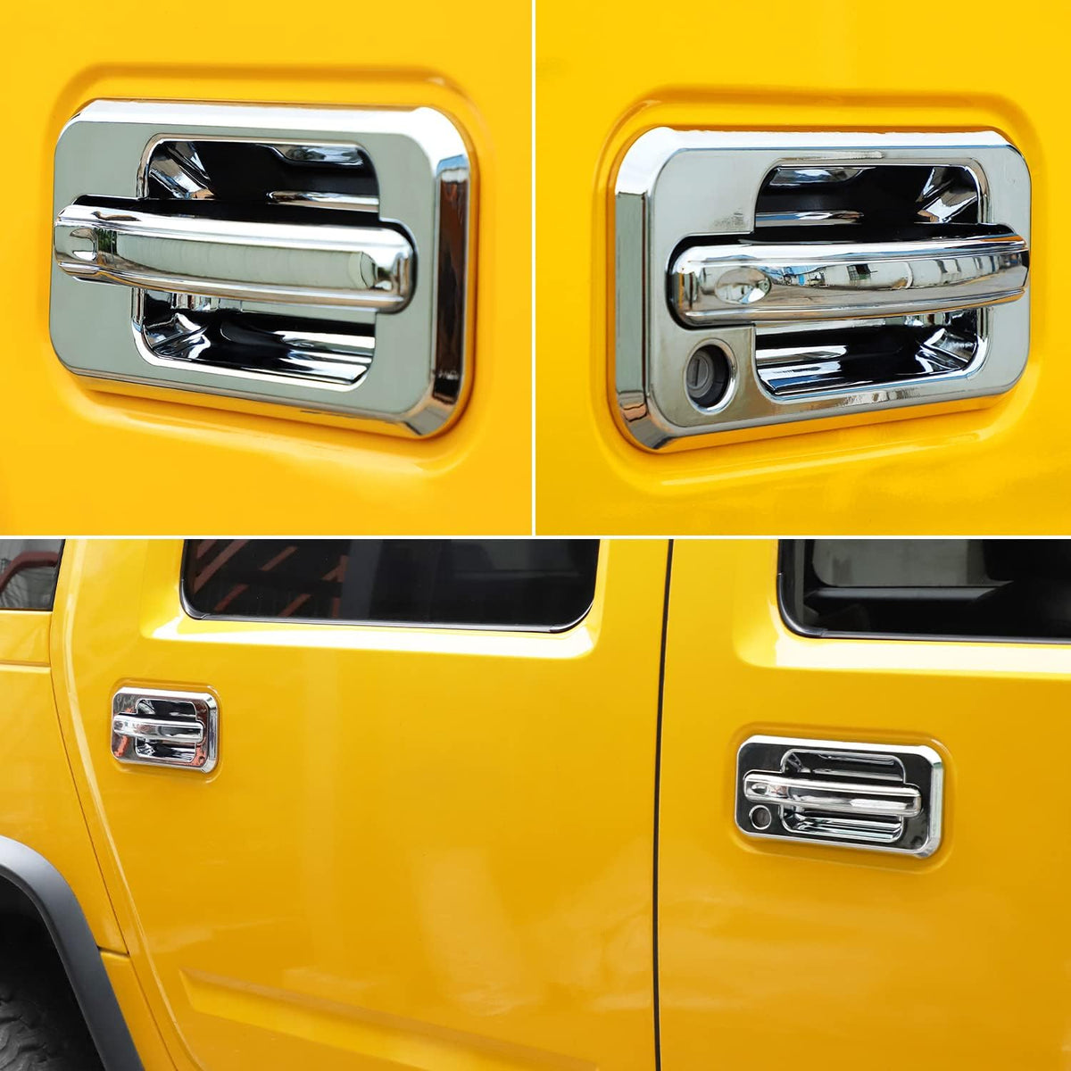 Close-up view of chrome door handle covers for a yellow Hummer H2 vehicle.
