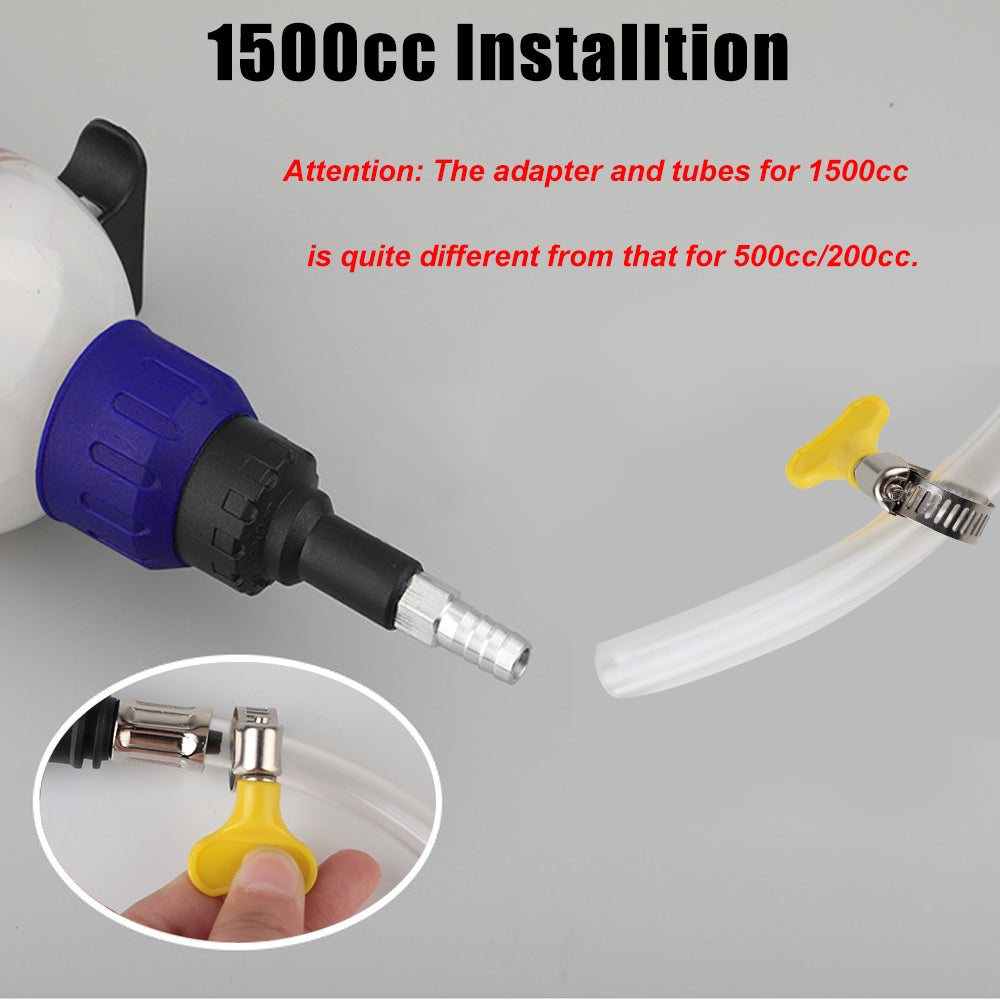 A close-up view of a purple and black manual fuel transfer syringe adapter and tubing for 1500cc installation.