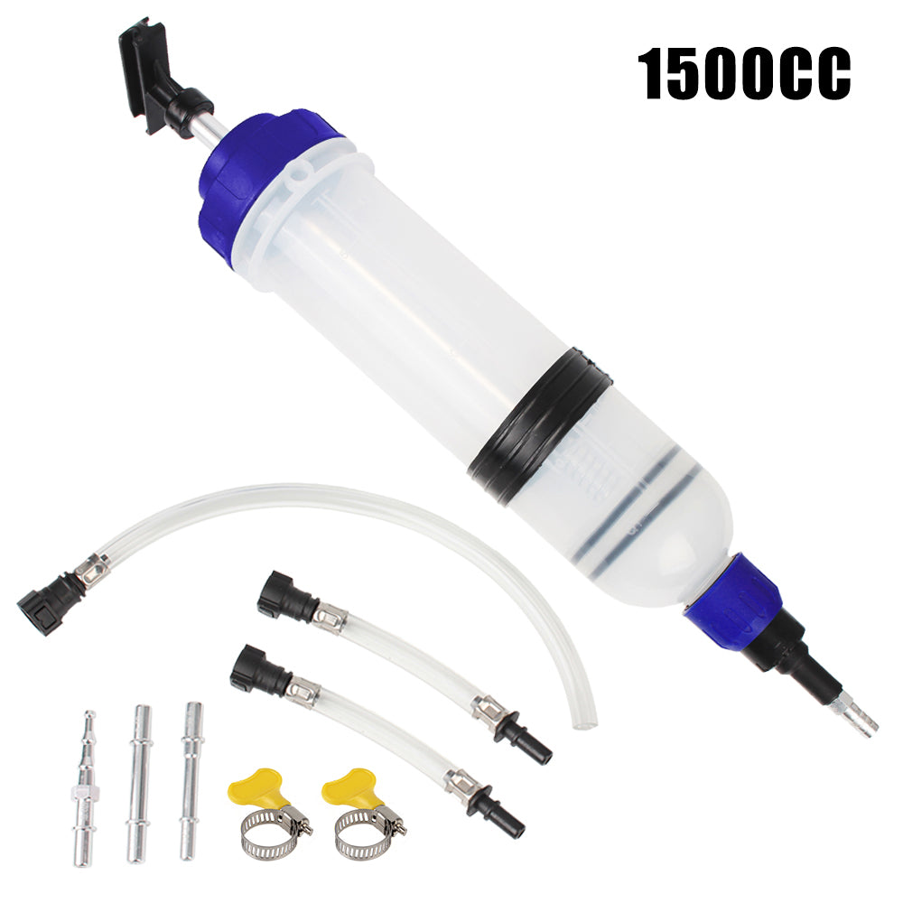 A manual fuel transfer and oil extractor syringe with a clear plastic body, blue cap, and various tubing and fittings.