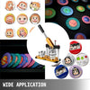 A button maker machine kit featuring a circular cutter and various molds for making buttons.