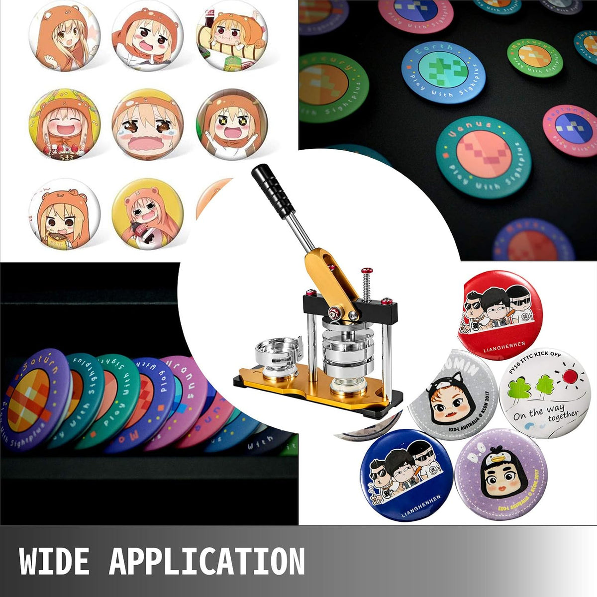 A button maker machine kit featuring a circular cutter and various molds for making buttons.