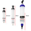 A manual fuel transfer and oil extractor syringe with various dimensions shown.