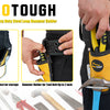 A yellow and black heavy-duty steel loop hammer holster for tool belts, shown in various angles.