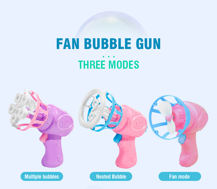 Pink fan bubble gun toy with three modes including multiple bubbles, nested bubble, and fan mode