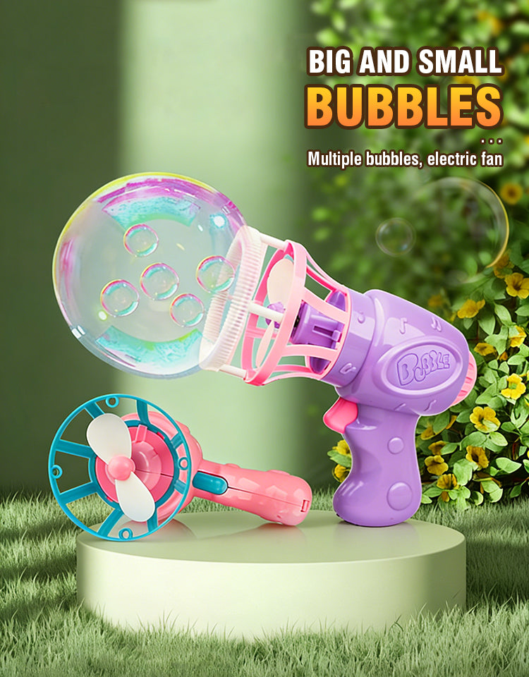 A purple automatic bubble gun is shown next to a large bubble and a smaller bubble, with green foliage in the background.