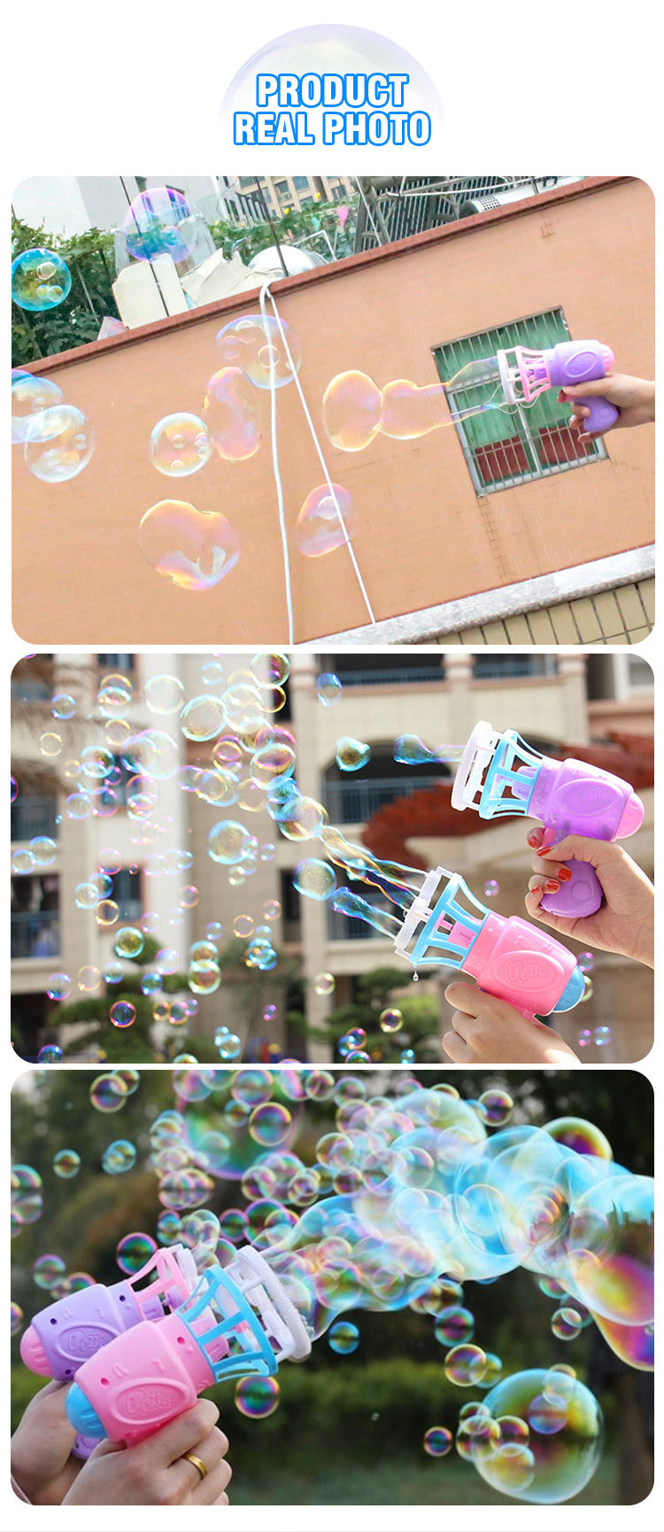 A hand is using a pink and blue automatic bubble gun to shoot bubbles onto a building.
