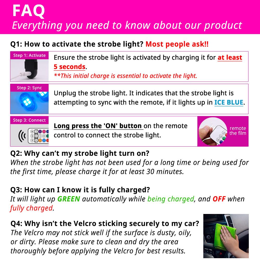 FAQ guide showing steps to activate, charge, and connect an RGB LED strobe light for vehicles.