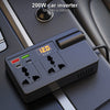 A black 200W car inverter with a digital display showing 12.0 volts and multiple DC output ports resting on a dark car interi