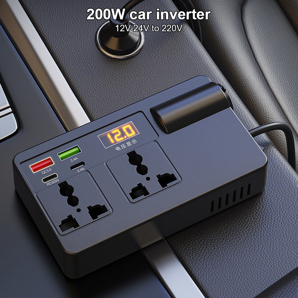 A black 200W car inverter with a digital display showing 12.0 volts and multiple DC output ports resting on a dark car interi