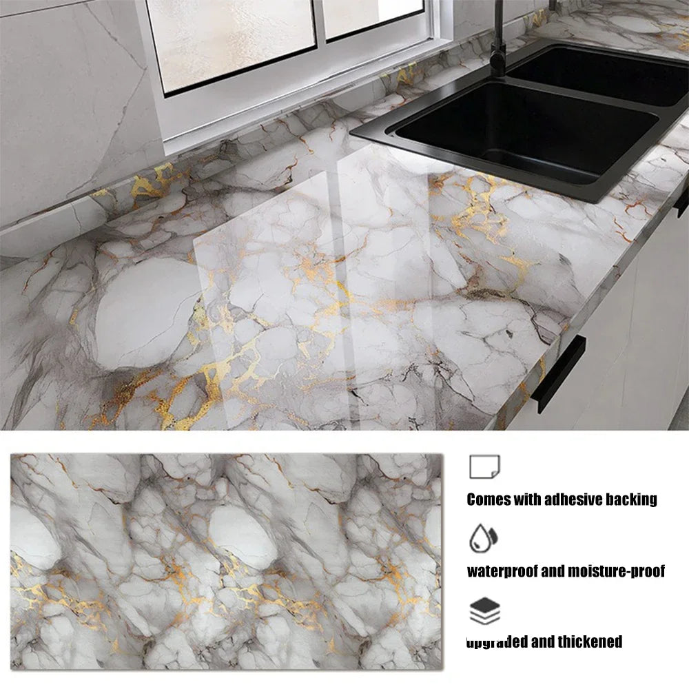 Marble pattern peel and stick self-adhesive wallpaper featuring gray marble with gold veining