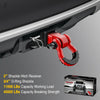 A red 2-inch shackle hitch receiver with a D-ring and trailer pin mounted on a silver vehicle frame.
