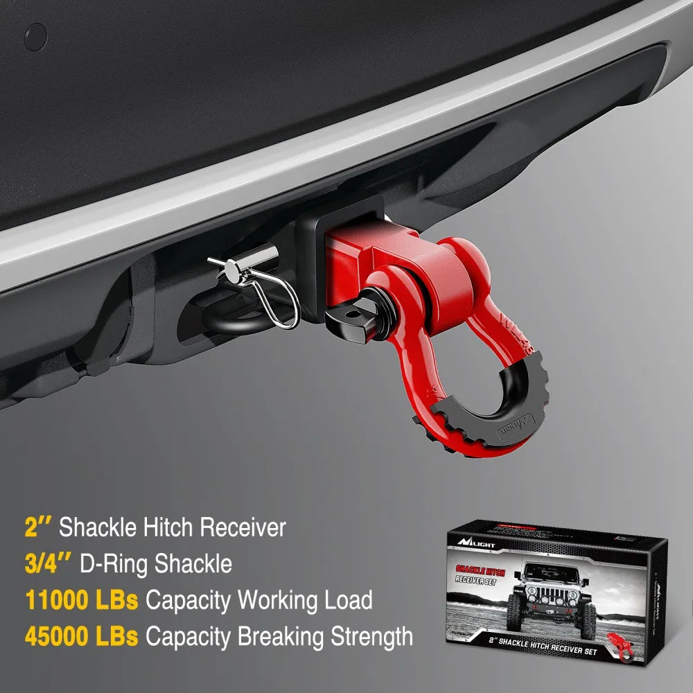 A red 2-inch shackle hitch receiver with a D-ring and trailer pin mounted on a silver vehicle frame.