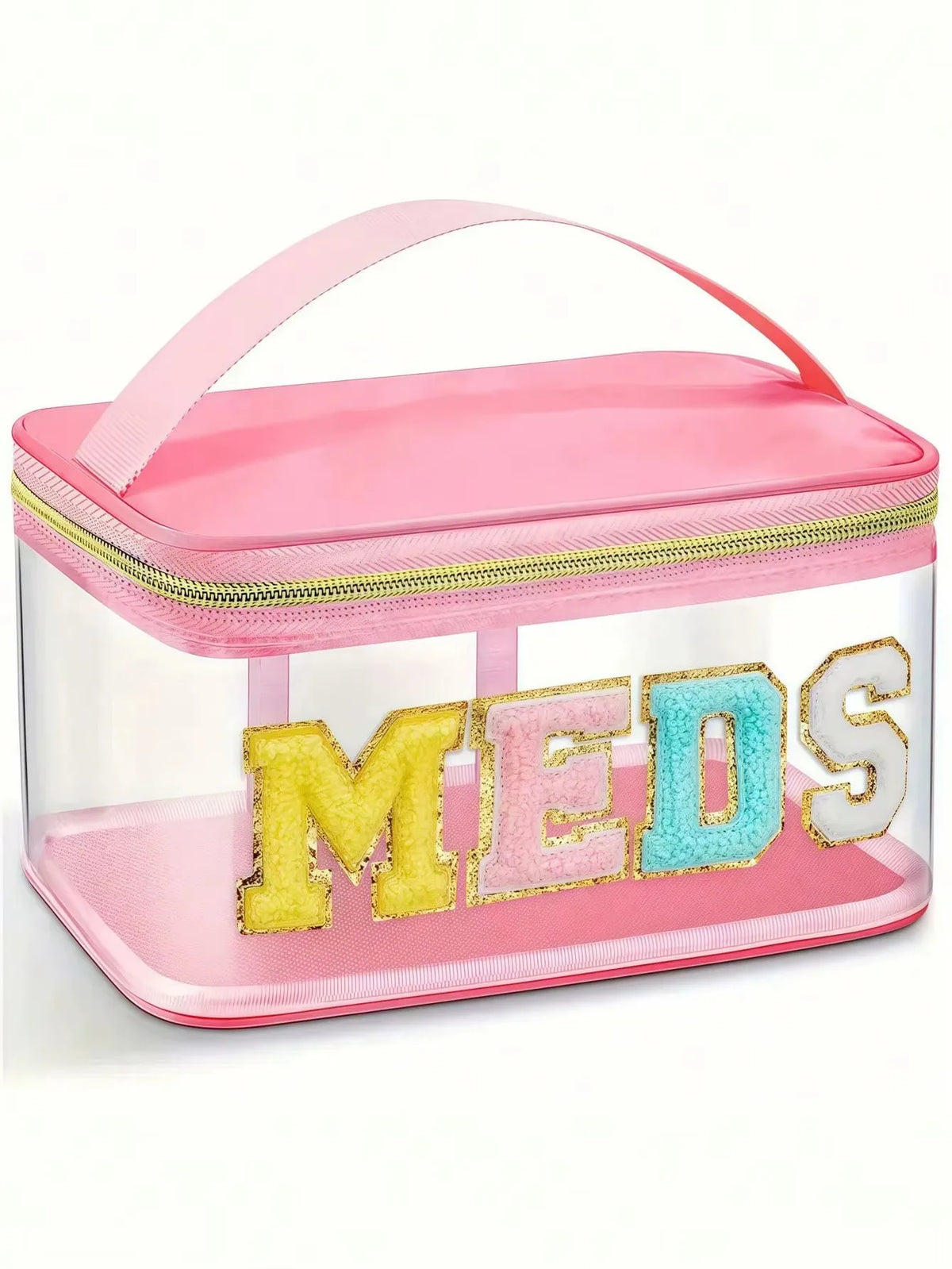 Pinkes, durchsichtiges Transport-Stoffbeutel mit Reißverschluss und glitzernder Aufschrift