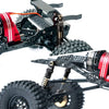 Close-up view of an aluminum shock absorber set for RC crawlers showing red and black components.