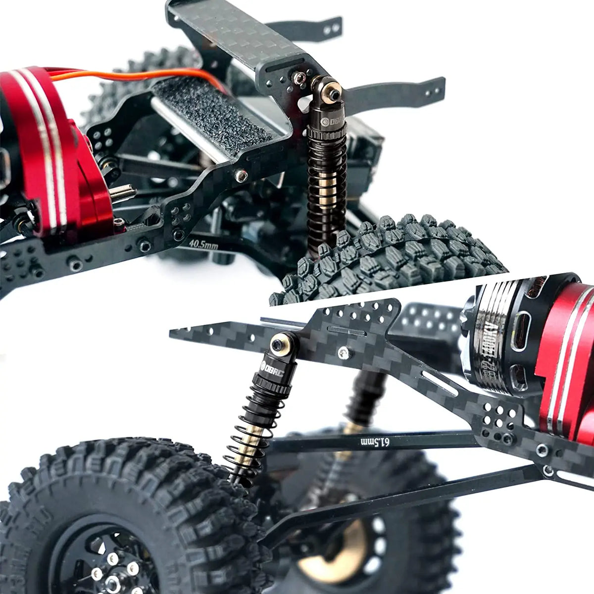 Close-up view of an aluminum shock absorber set for RC crawlers showing red and black components.