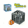 A gray plastic fish pool dive toy is shown next to an open gray plastic cage for animals.