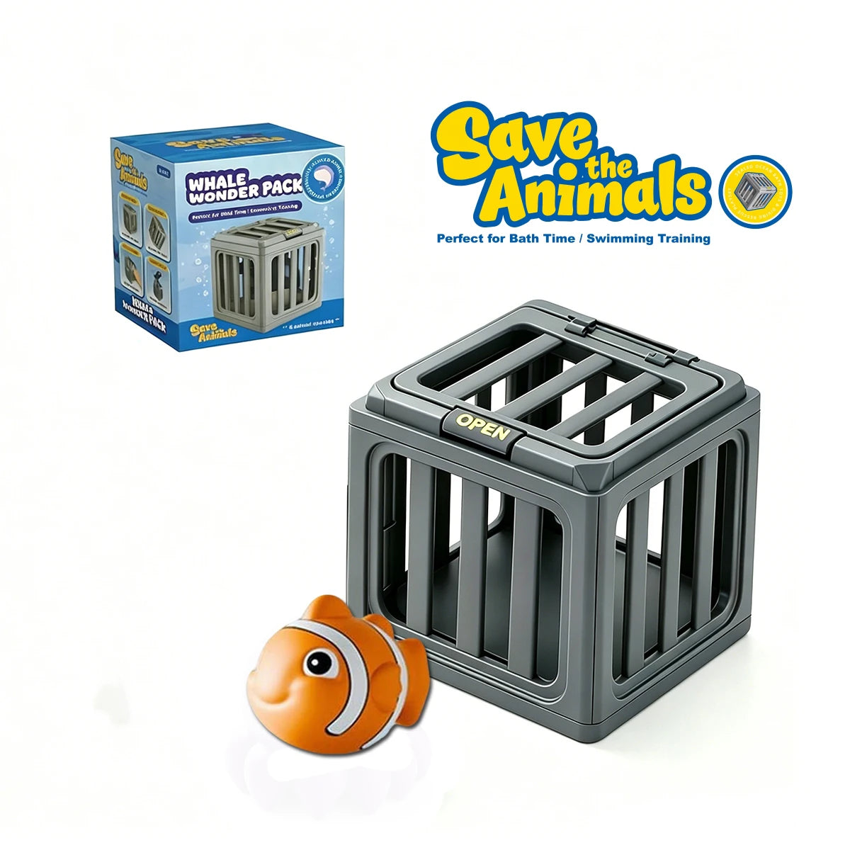 A gray plastic fish pool dive toy is shown next to an open gray plastic cage for animals.
