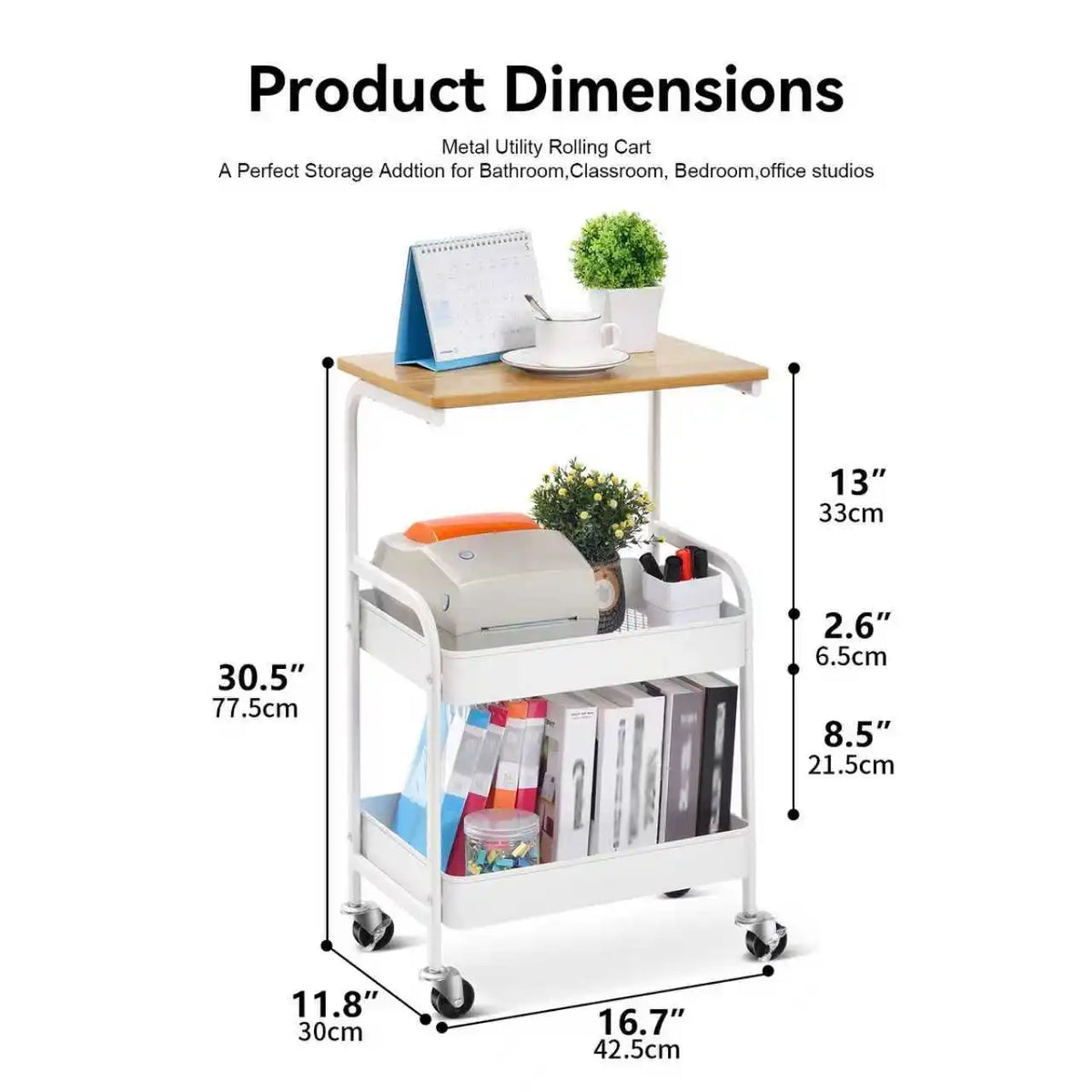 A white 3-tier rolling utility cart with a wooden top and lockable wheels.
