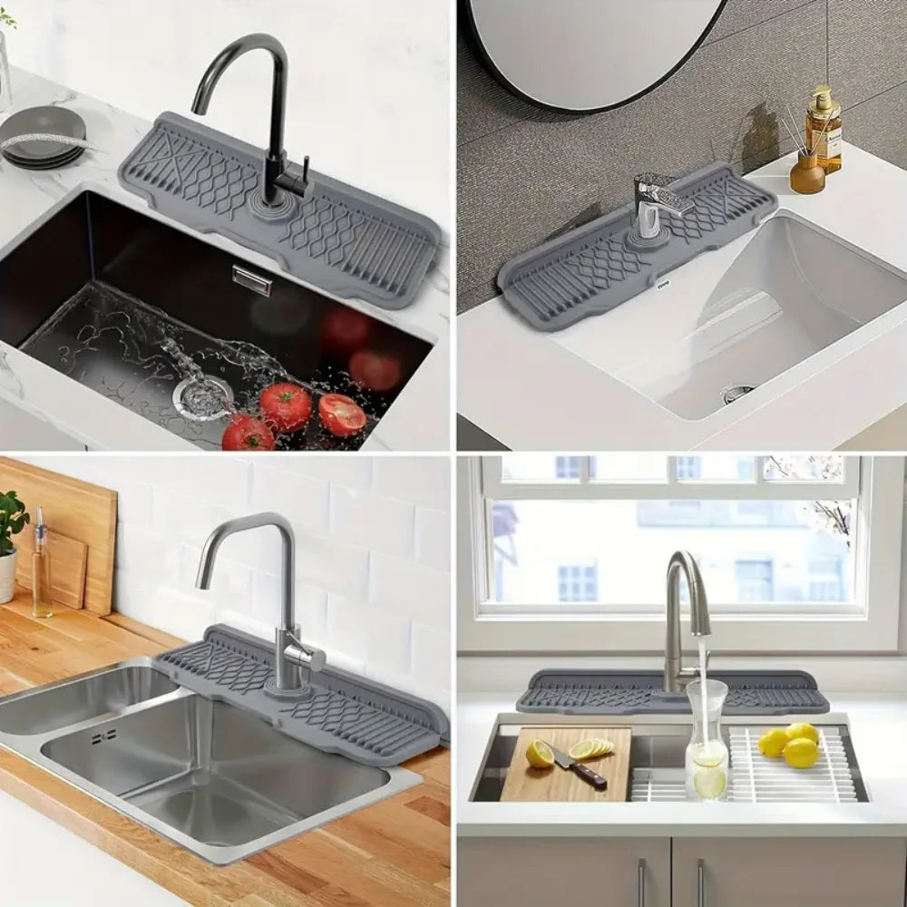 A non-slip silicone kitchen sink mat with a drain tray is shown in various installations, including a stainless steel sink an