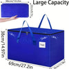 A large blue heavy duty waterproof moving bag with handles and zippers shown from the top and side.