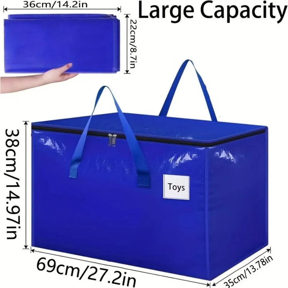 A large blue heavy duty waterproof moving bag with handles and zippers shown from the top and side.