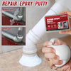 A hand is applying epoxy putty to repair a pipe, showing before and after usage.