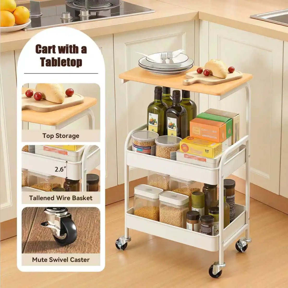 A white 3-tier rolling utility cart with a wooden top and storage baskets is shown on a kitchen counter.