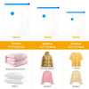 Set of vacuum storage bags and pillows including a quilted pillow, a thin down jacket, a pink sweater, and a yellow t-shirt.