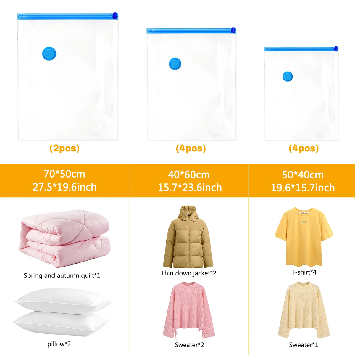 Set of vacuum storage bags and pillows including a quilted pillow, a thin down jacket, a pink sweater, and a yellow t-shirt.