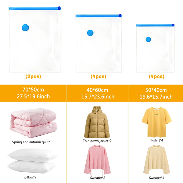 Set of vacuum storage bags and pillows including a quilted pillow, a thin down jacket, a pink sweater, and a yellow t-shirt.