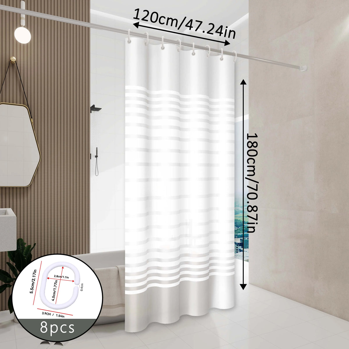 White modern striped shower curtain measuring 120cm wide and 180cm long