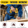 A person is using a yellow cordless drill to drive wood screws into a wooden plank for outdoor construction.