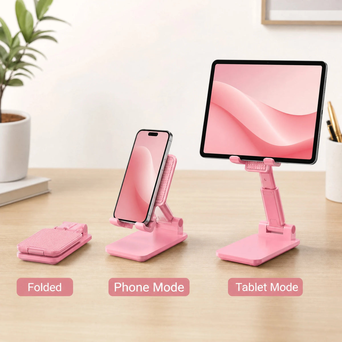Pink Foldable Phone & Tablet Stand with Adjustable Viewing Angle