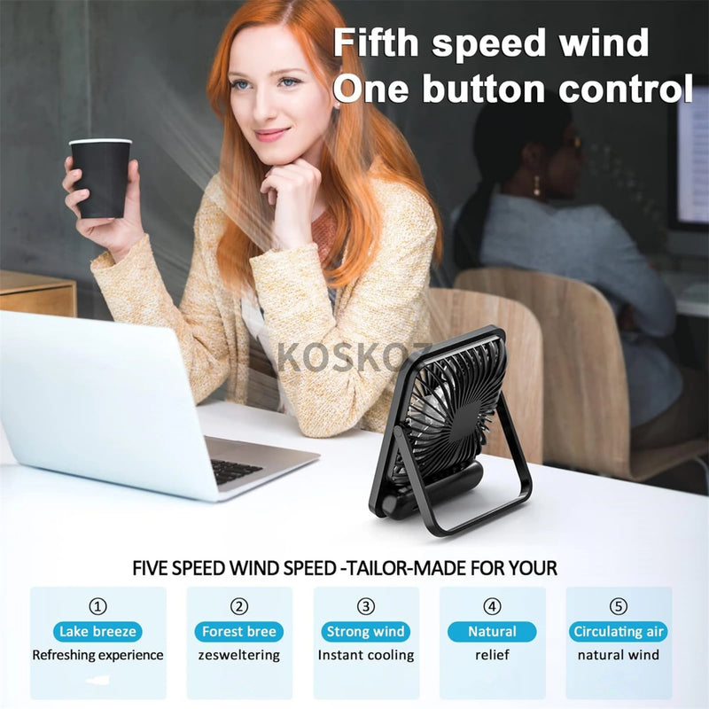 Rechargeable USB Desk Fan with 180° Tilt and 5-Speed Quiet Operation
