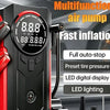 A black and red multifunction air pump car battery emergency starter with a digital display and LED lighting.