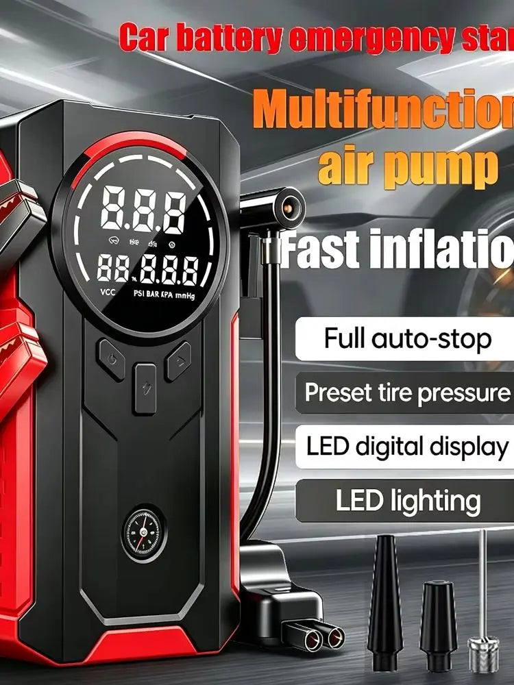 A black and red multifunction air pump car battery emergency starter with a digital display and LED lighting.